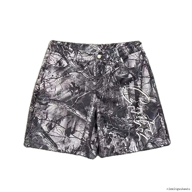 Corteiz Street Style Black and Grey Tree Grain Camouflage Shorts