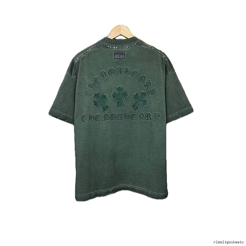 Chrome Hearts Cross Embroidered Vintage Dark Green Short-Sleeve T-Shirt