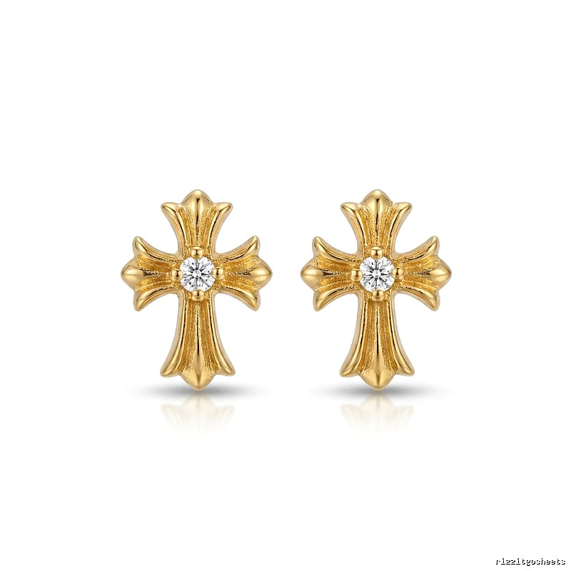 Chrome Hearts Gold Cross Flower Stud Earrings