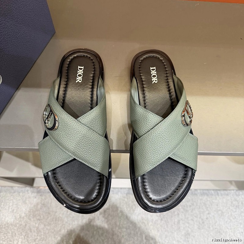 Dior Cross-strap Light Luxury Grey-green Slide Sandals