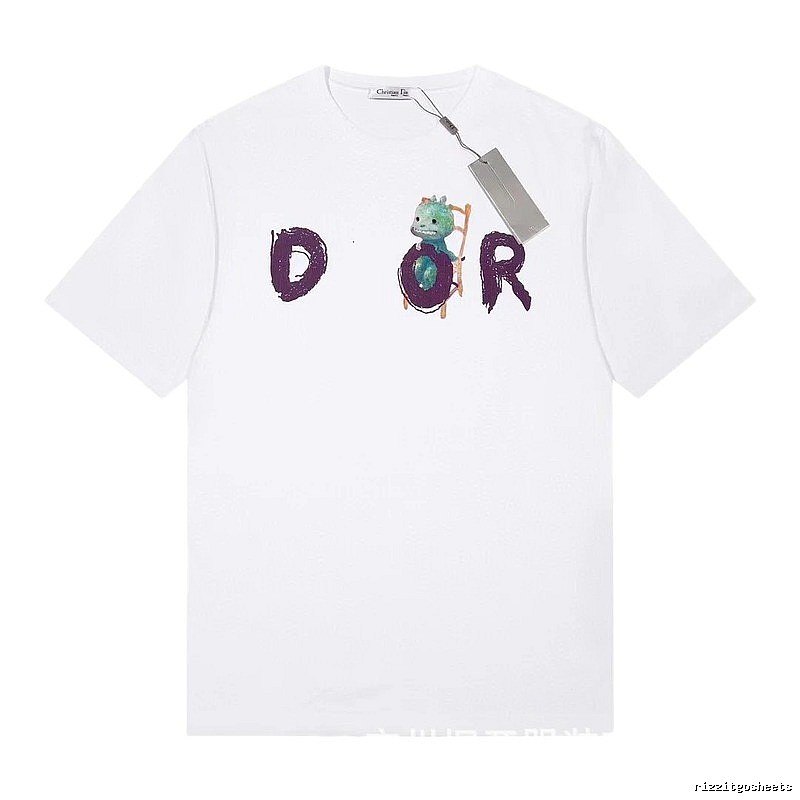 Dior Dinosaur Graffiti Cool Trendy White Short-sleeve T-shirt