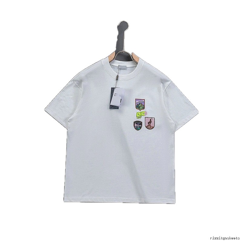 Dior Embroidered Badge Casual Style White Short-sleeve T-shirt