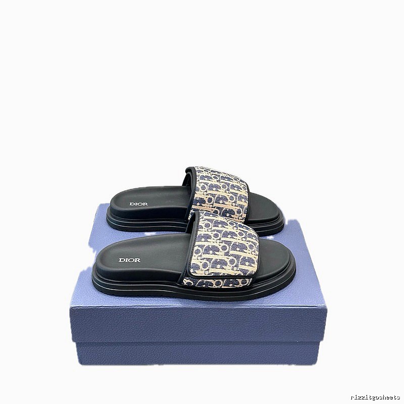 Dior Oblique Collection Light Luxury Style Blue-Black Colorblock Slide Sandals