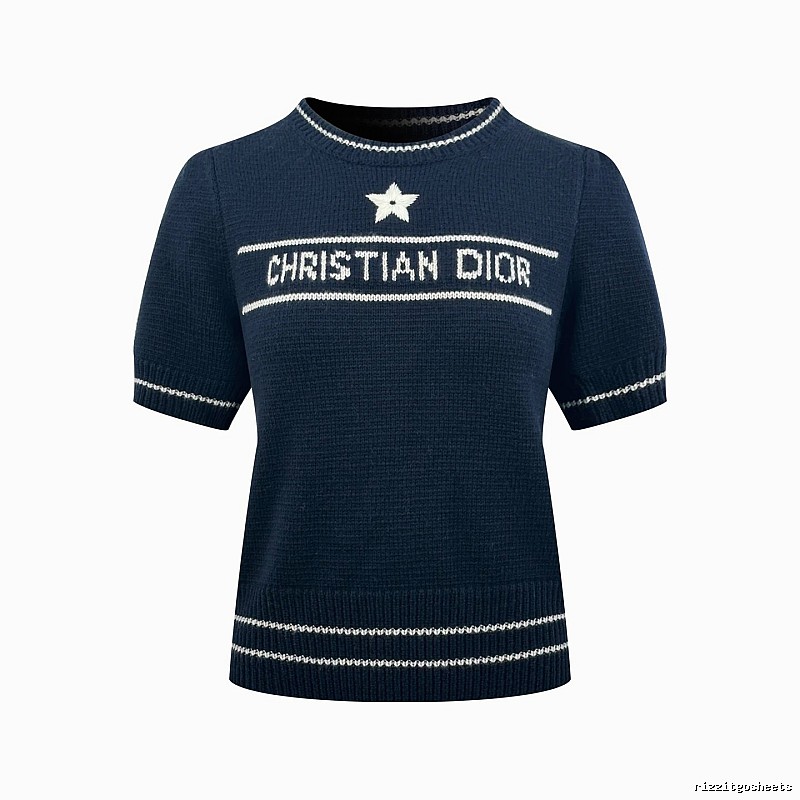 Dior Short Sleeve Knit Sweater with Cream Trim and Star Detail