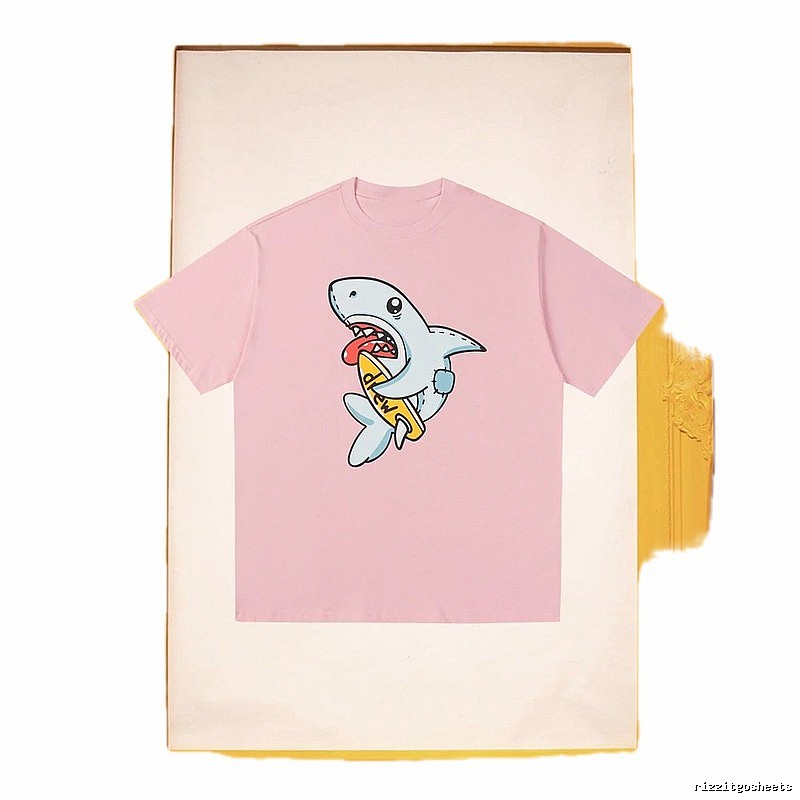 DREW Cartoon Shark Street Style Pink Short-sleeve T-shirt