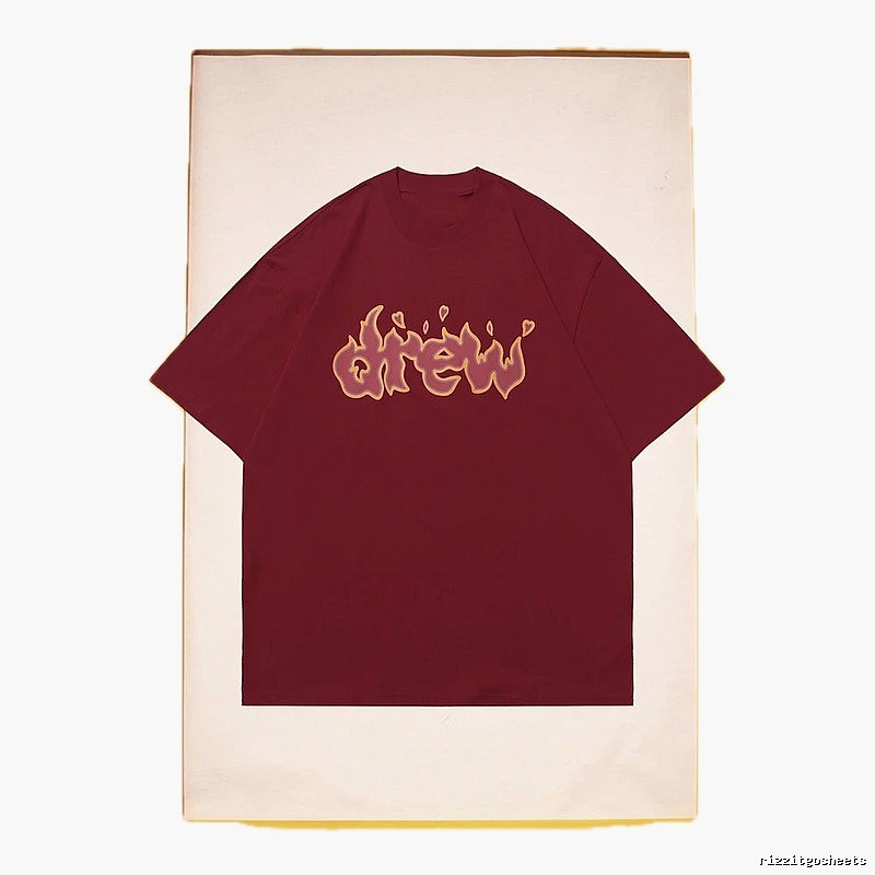 DREW Flame Heart Street Style Burgundy Short Sleeve T-Shirt