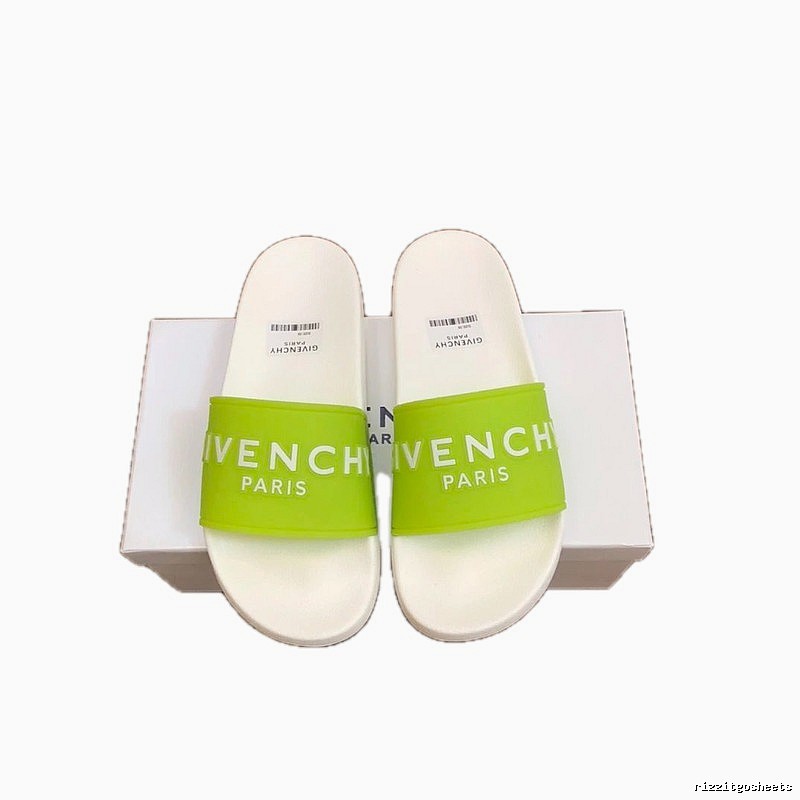 Givenchy Trendy Letter Style Fluorescent Green Spliced White Slide Sandals