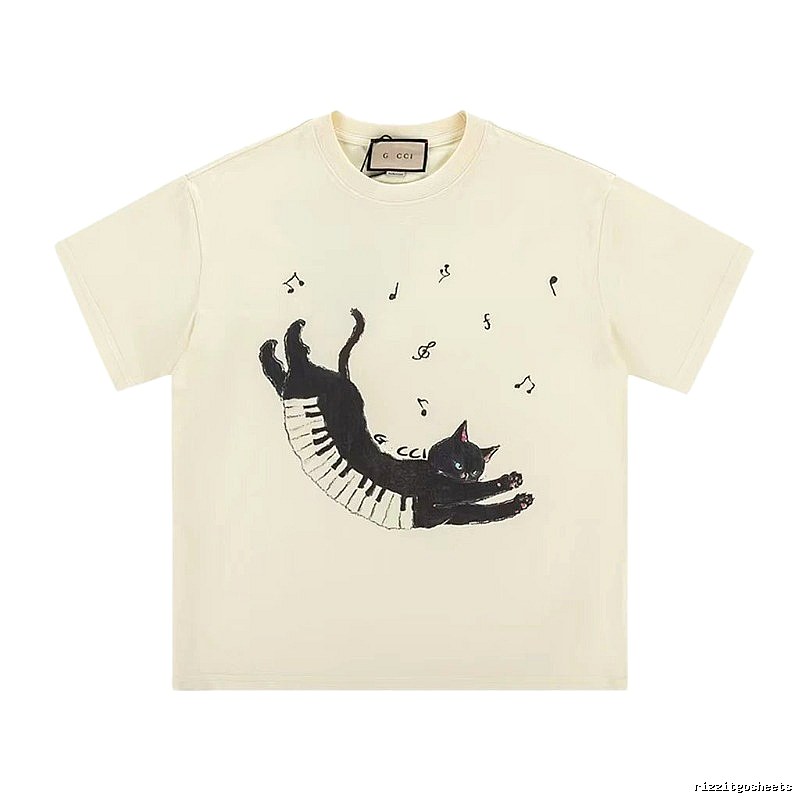 Gucci Artistic Style Cat Print Off-white Short-sleeve T-shirt
