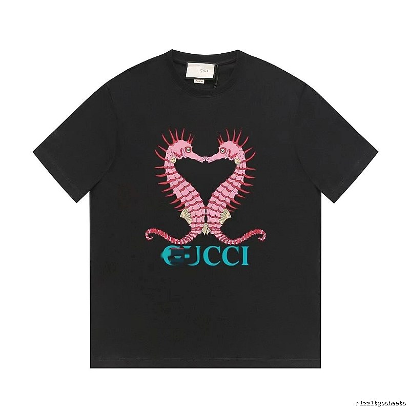Gucci Double Seahorse Print Trendy Style Black T-Shirt