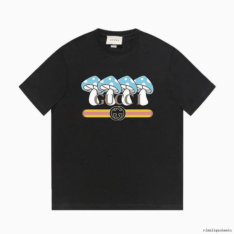 Gucci Mushroom Print Cool and Trendy Style Black Short-sleeve T-shirt