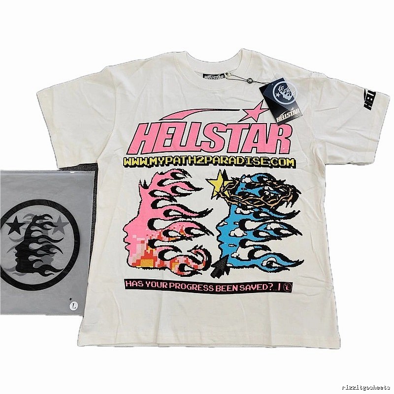 Hellstar Pixel Flame Print Street Style Off-white T-shirt
