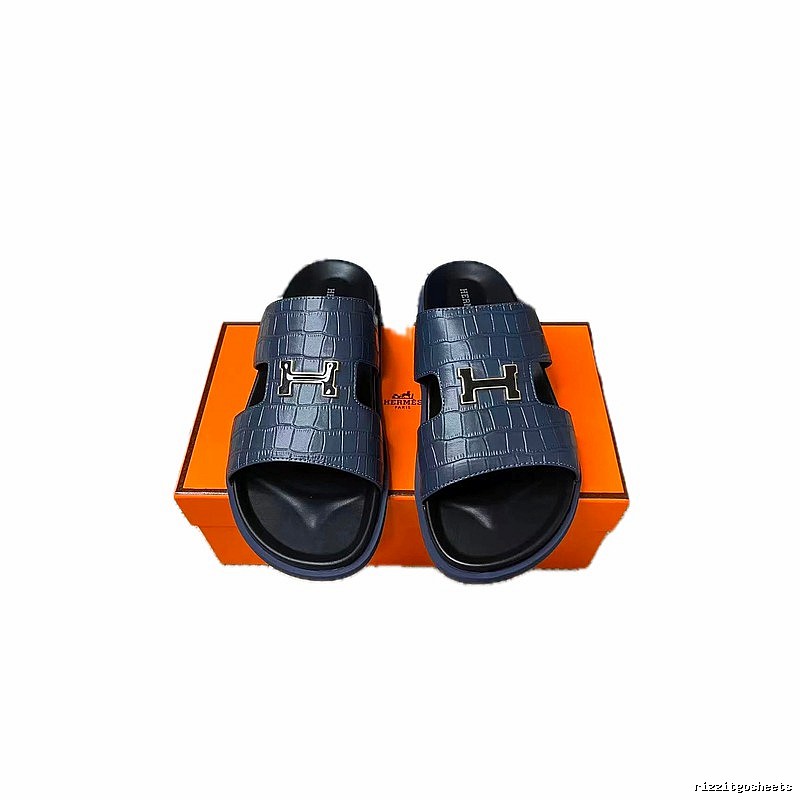 Hermès H-Buckle Collection Light Luxury Style Navy Blue Slides