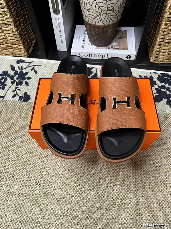 Hermès H-Buckle Minimalist Style Caramel Brown Slide Sandals