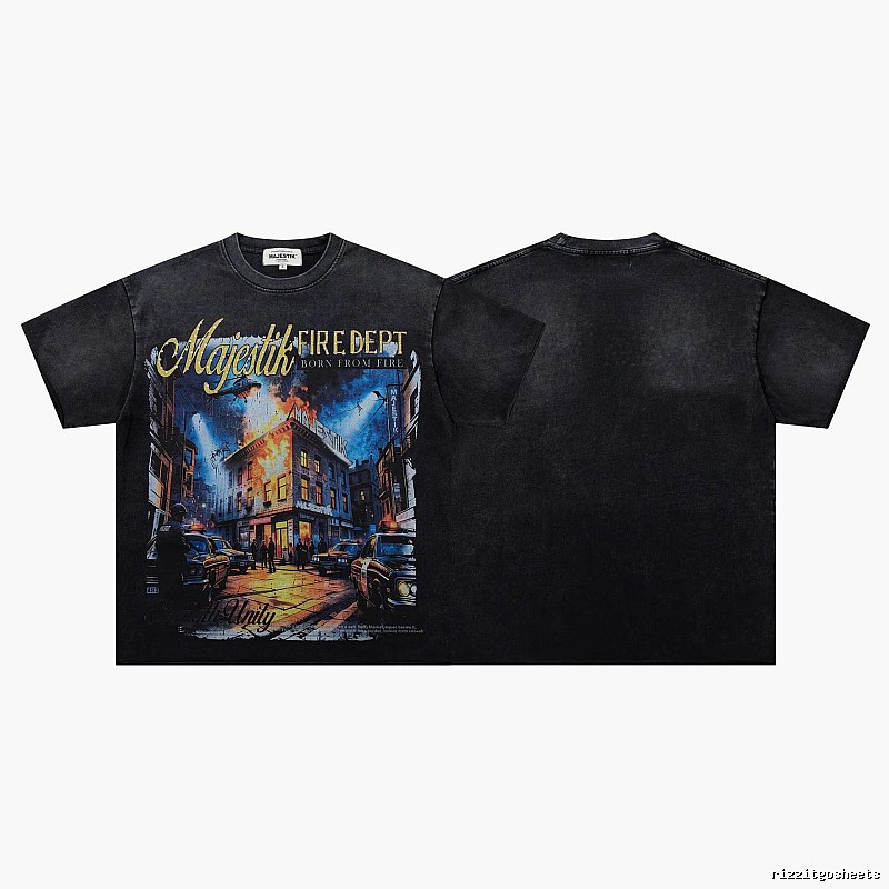 MAJESTIK Fire Department Vintage Distressed Black Printed T-shirt