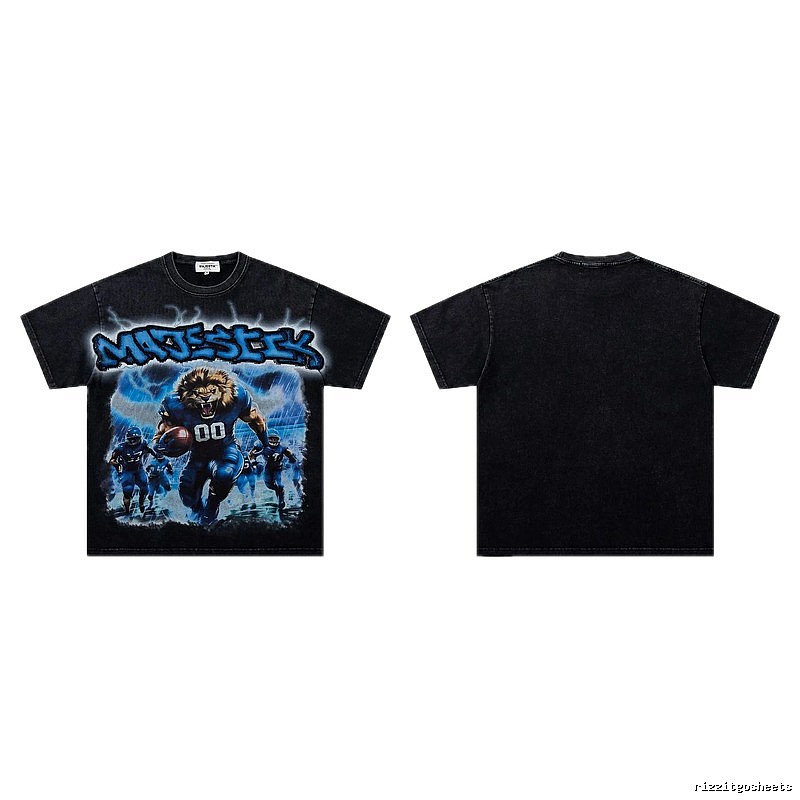 MAJESTIK Lion Head Rugby American Retro Black T-Shirt