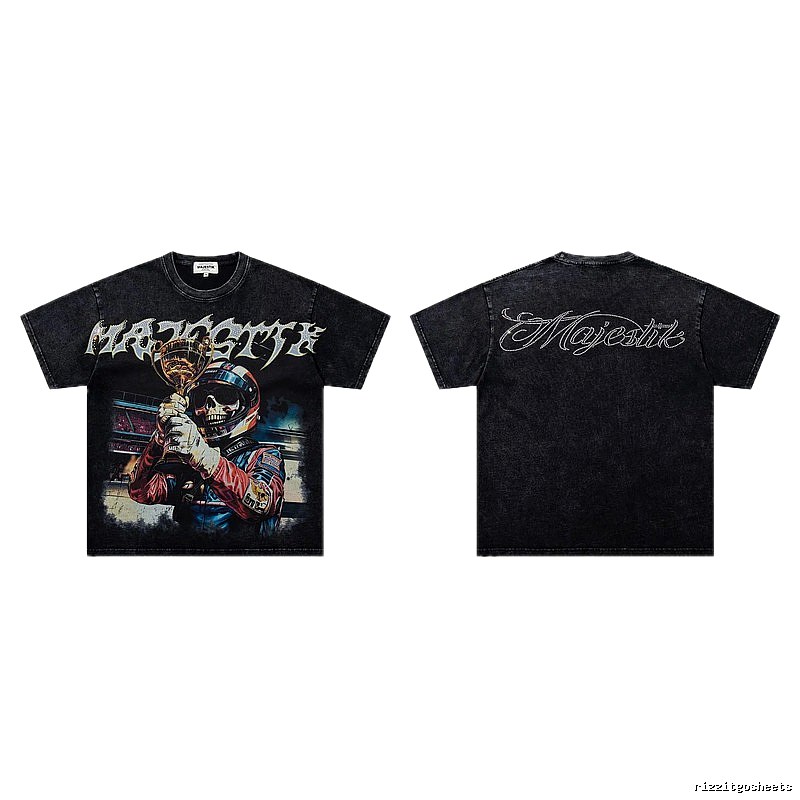 MAJESTIK Skull Racing American Vintage Black T-Shirt