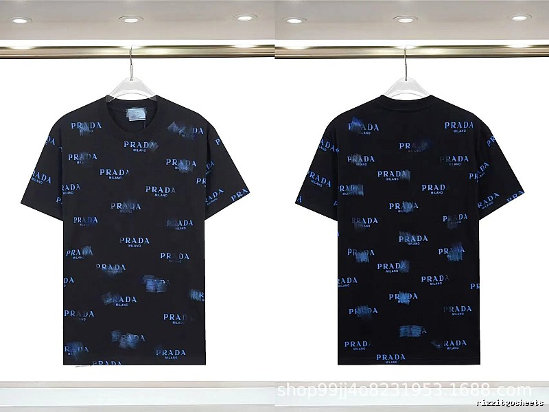 Prada All-over Printed Streetwear Style Black Short-sleeve T-shirt