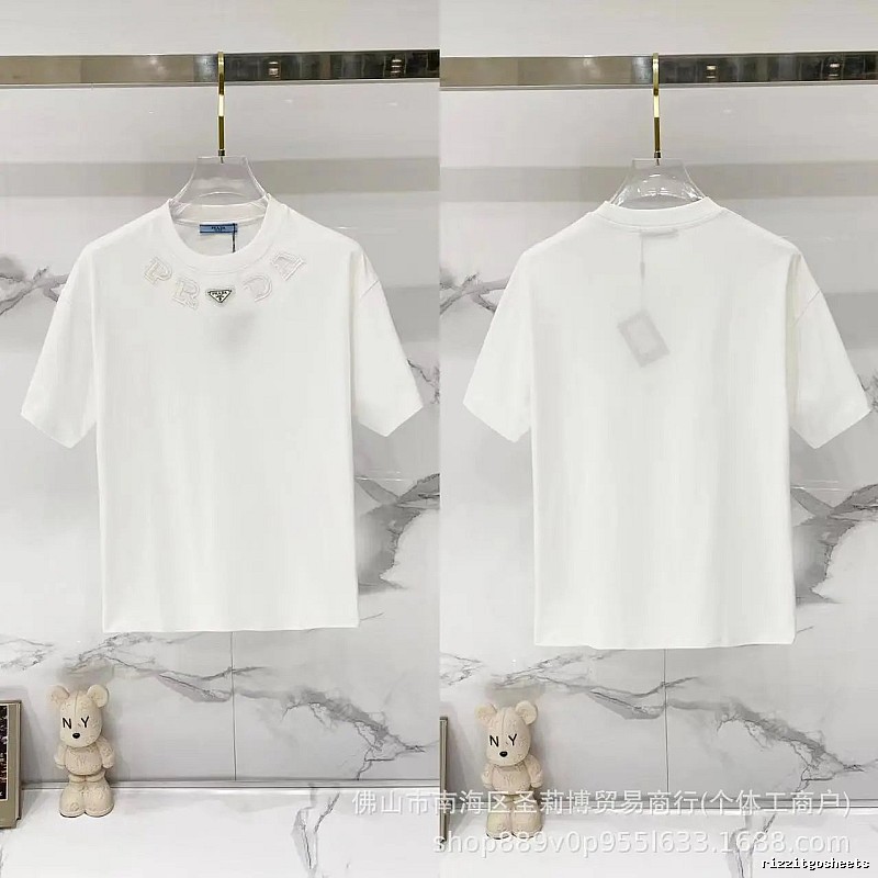 Prada Embroidered Minimalist Style White Short-sleeved T-shirt
