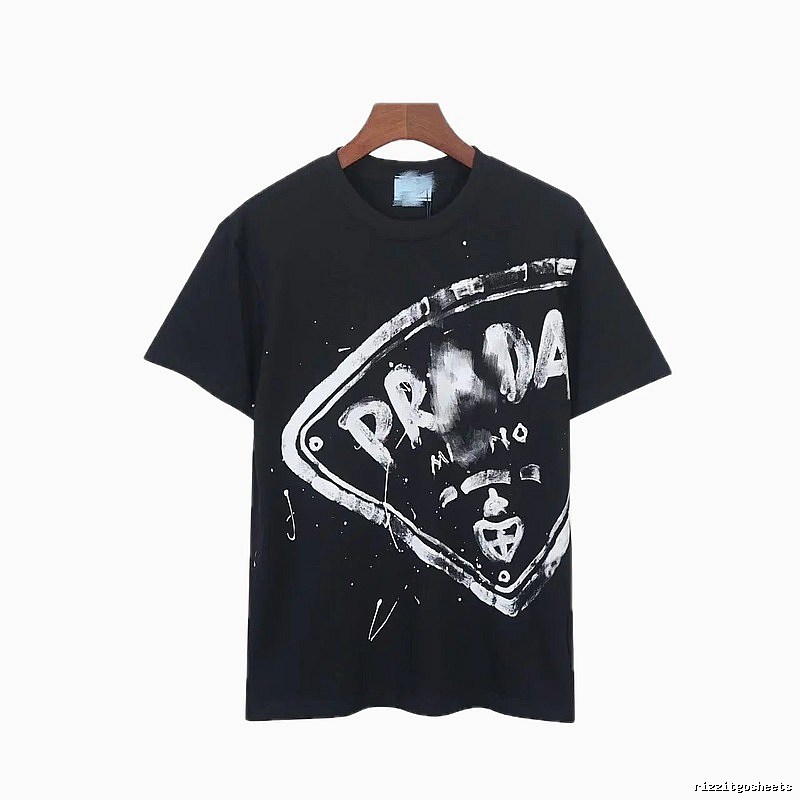 Prada Triangle Logo Graffiti Street Style Black T-Shirt