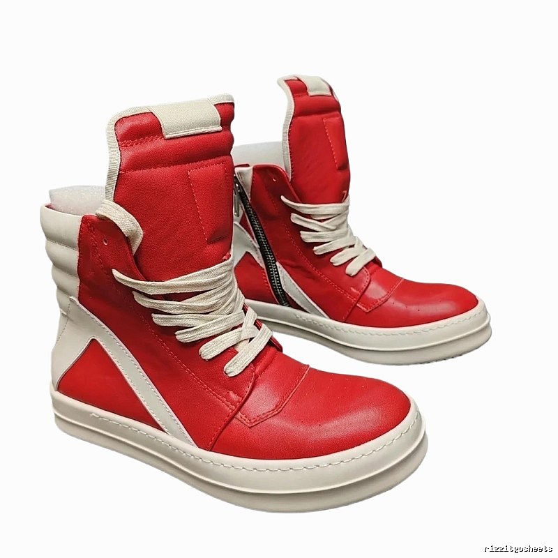 Rick Owens functional style red and white high-top shoes