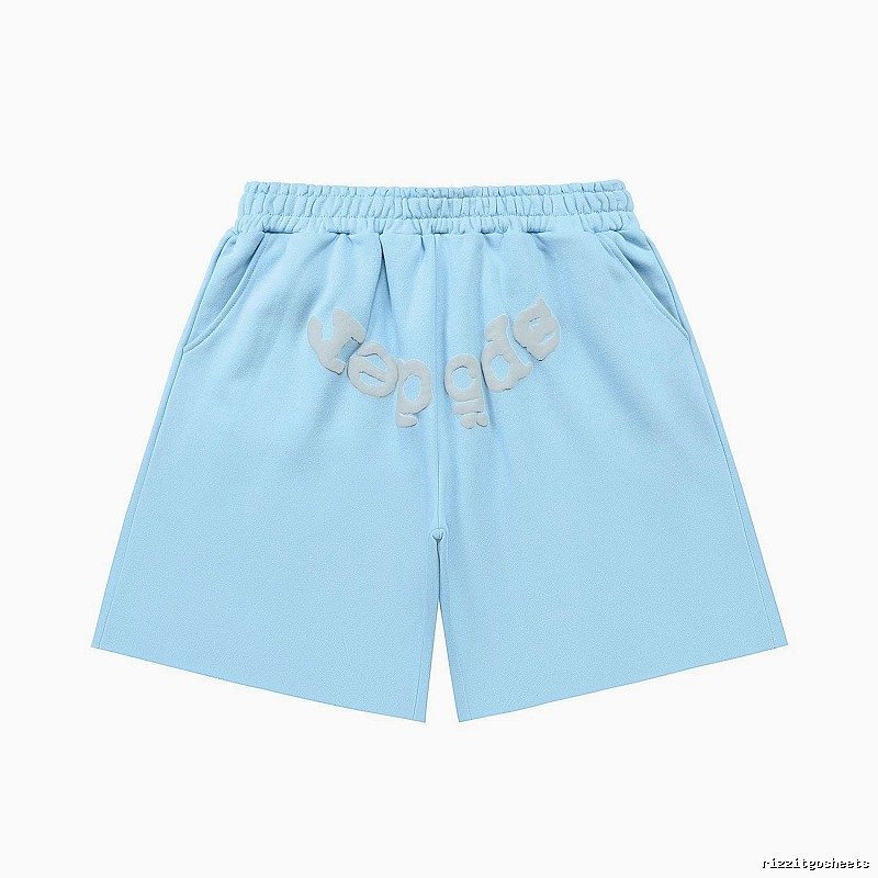 Sp5der letter-style light blue shorts