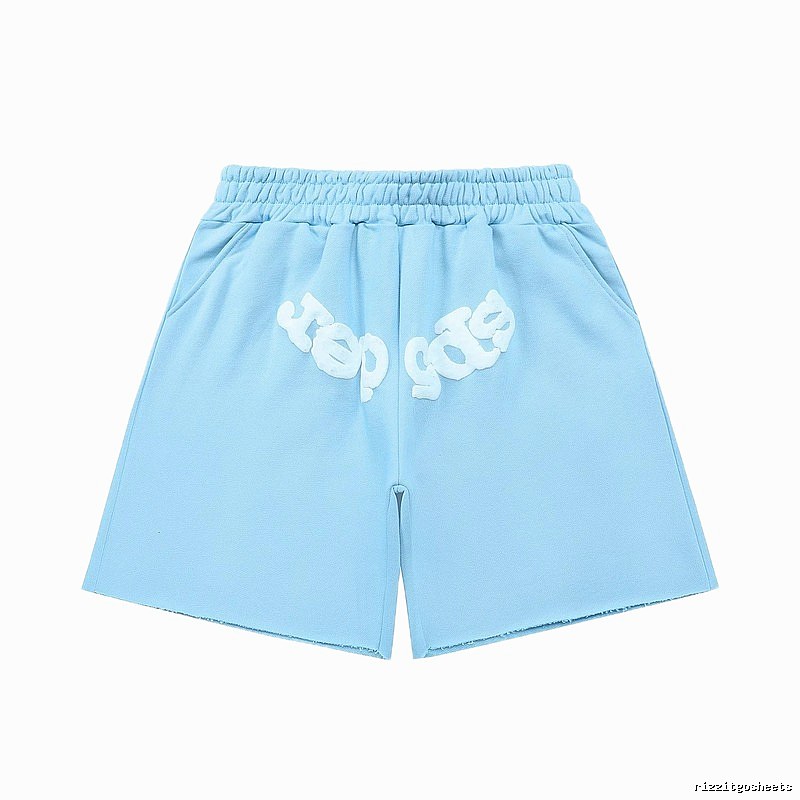 Sp5der letter-style light blue shorts