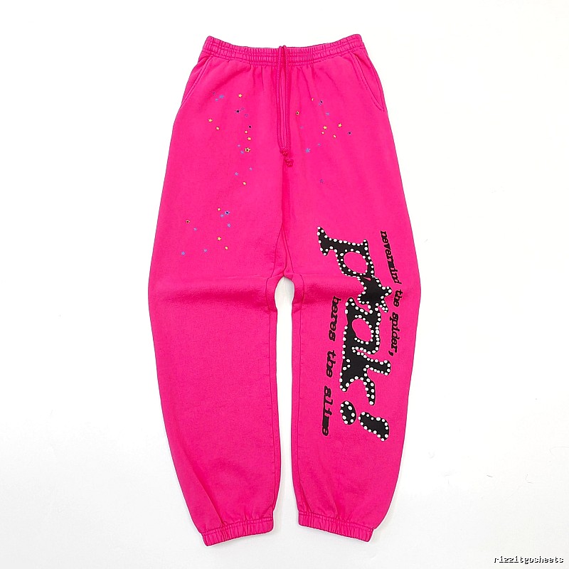 Sp5der Logo Sweatpants in Hot Pink - black vertical branding and cuffed ankles