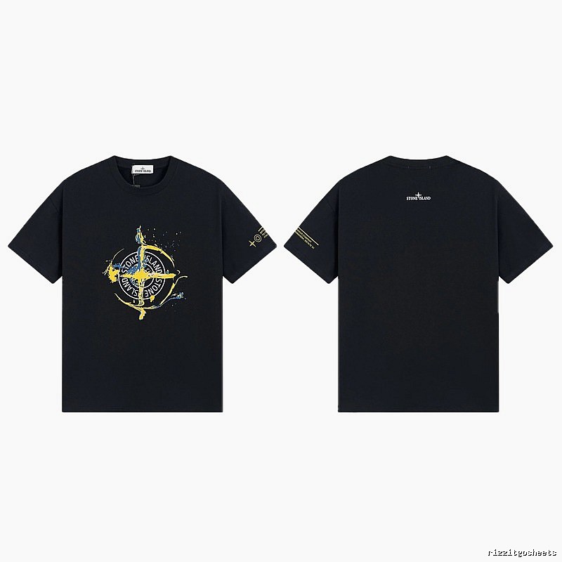 Stone Island Ink-splattered Street Style Black Short-sleeve T-shirt