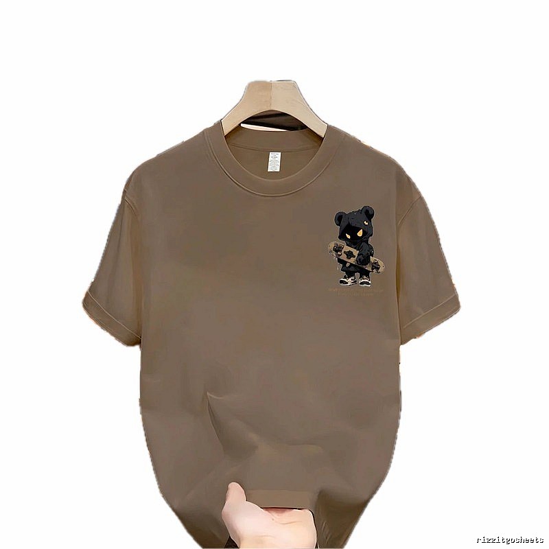 Streetwear Brand Street Style Khaki Short-sleeve T-shirt with Skateboarding Bear Graphic