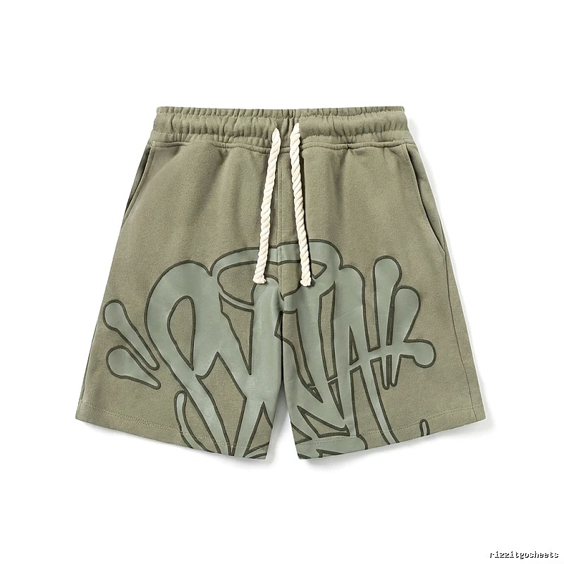 SynaWorld graffiti-style military green shorts