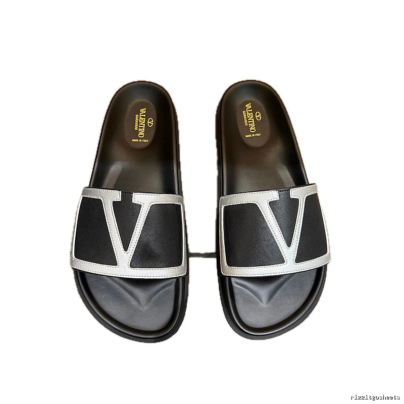 Valentino Large V Logo Light Luxury Style Black and Silver Slide Sandals