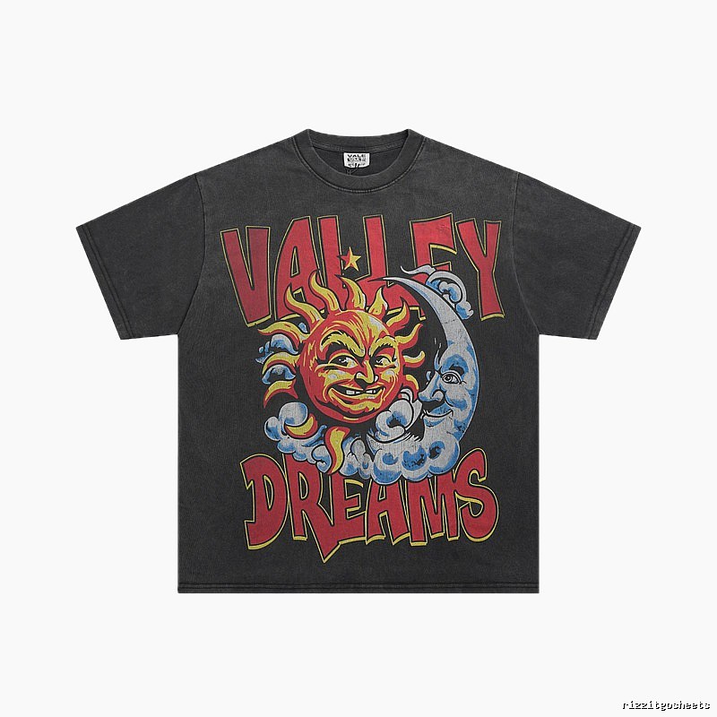 Valley Sun & Moon Print Vintage Black T-Shirt