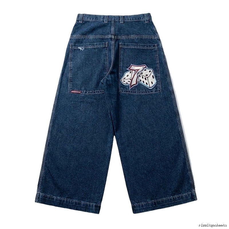 Y2K-style dark blue denim wide-leg pants